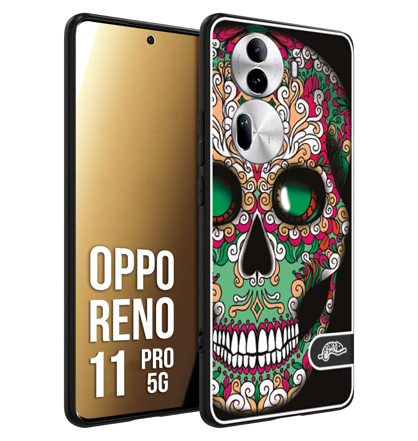 CUSTOMIZZA - Custodia cover nera morbida in tpu compatibile per Oppo Reno 11 PRO 5G teschio messicano Mexican skull verde fucsia