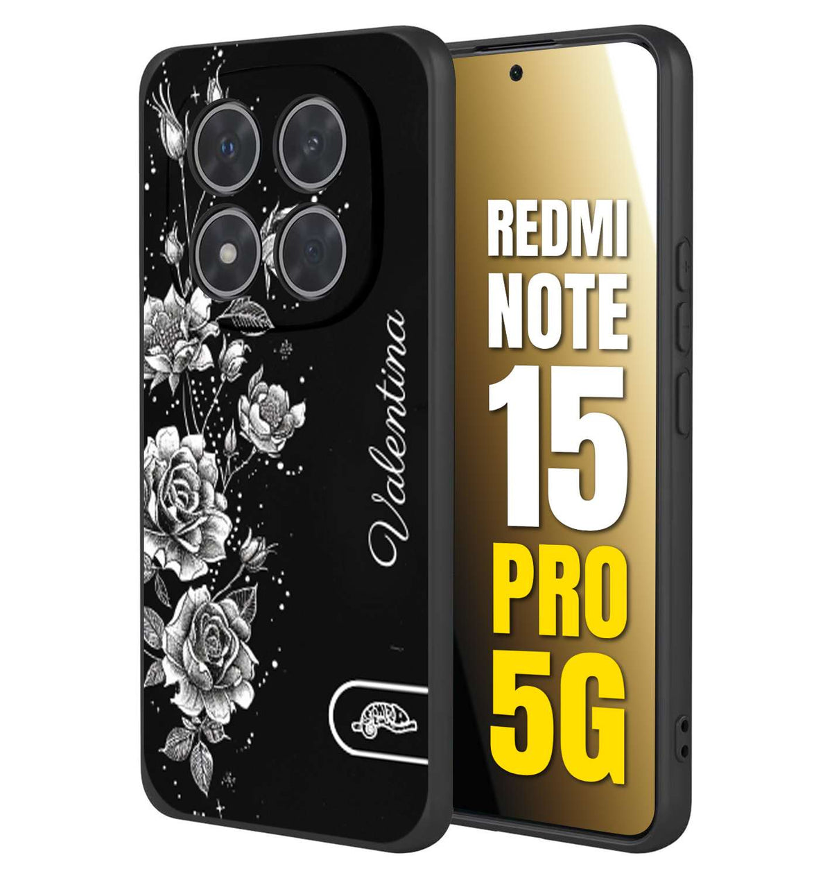 CUSTOMIZZA - Custodia cover nera morbida in tpu compatibile per Xiaomi Redmi Note 15 PRO 5G personalizzata rilievo soft touch nome rose fiori donna