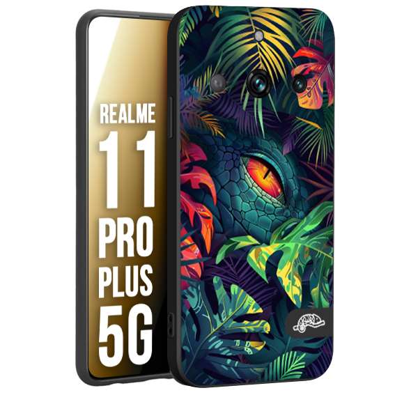 CUSTOMIZZA - Custodia cover nera morbida in tpu compatibile per Realme 11 PRO PLUS 5G animali color giungla tropicale occhio di coccodrillo alligatore disegnato