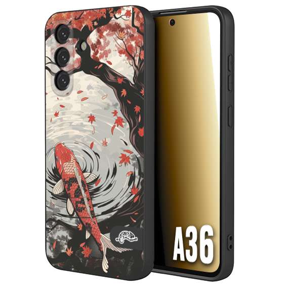 CUSTOMIZZA - Custodia cover nera morbida in tpu compatibile per Samsung A36 giapponese lago carpa koi rossa con foglie d'acero rosso disegnata tattoo