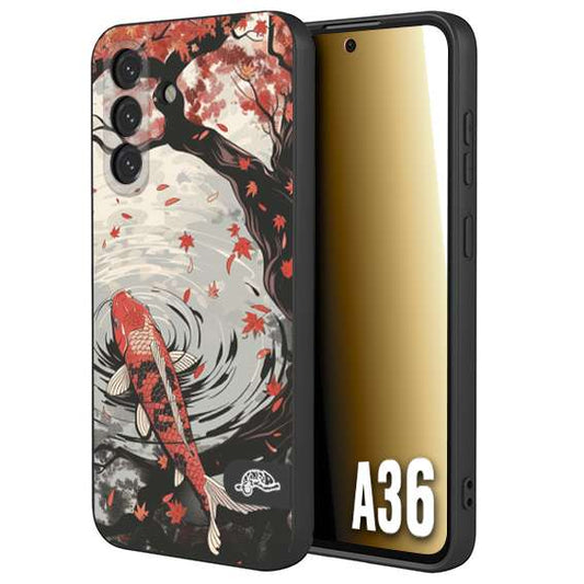 CUSTOMIZZA - Custodia cover nera morbida in tpu compatibile per Samsung A36 giapponese lago carpa koi rossa con foglie d'acero rosso disegnata tattoo