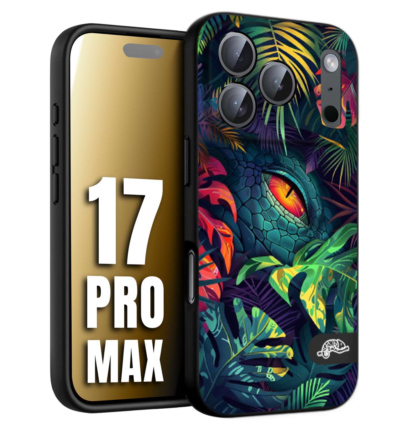 CUSTOMIZZA - Custodia cover nera morbida in tpu compatibile per iPhone 17 PRO MAX animali color giungla tropicale occhio di coccodrillo alligatore disegnato