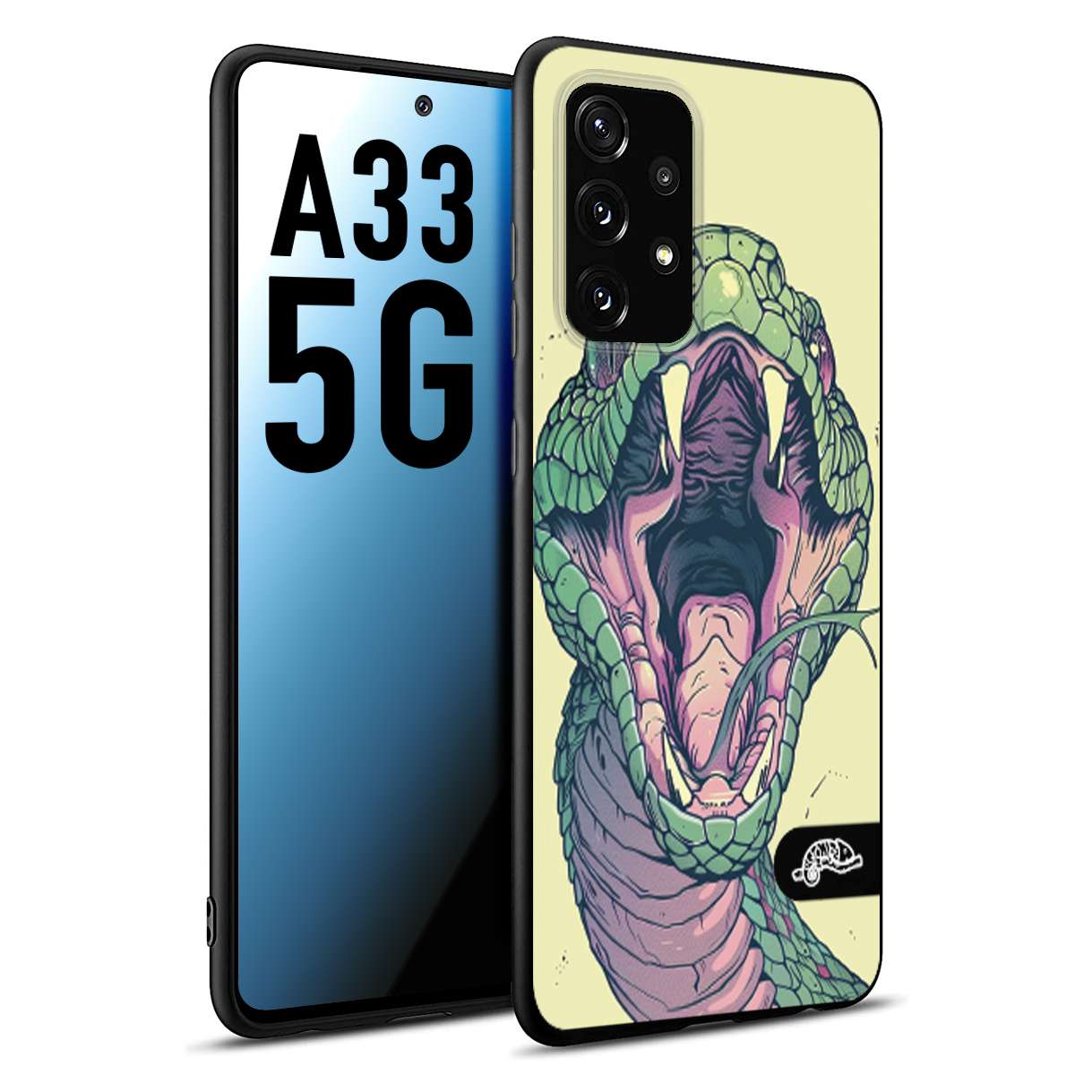 CUSTOMIZZA - Custodia cover nera morbida in tpu compatibile per Samsung A33 5G snake yellow green serpente tatuaggio tattoo disegnato a mano