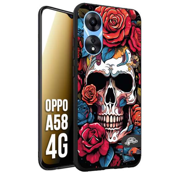 CUSTOMIZZA - Custodia cover nera morbida in tpu compatibile per Oppo A58 4G teschio skull flowers fiori rose rosse tattoo disegnato