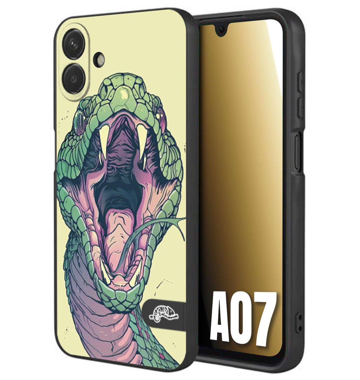 CUSTOMIZZA - Custodia cover nera morbida in tpu compatibile per Samsung A07 snake yellow green serpente tatuaggio tattoo disegnato a mano