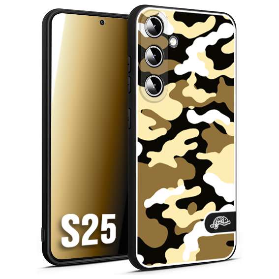 CUSTOMIZZA - Custodia cover nera morbida in tpu compatibile per Samsung S25 camouflage mimetico militare giallo desert brown