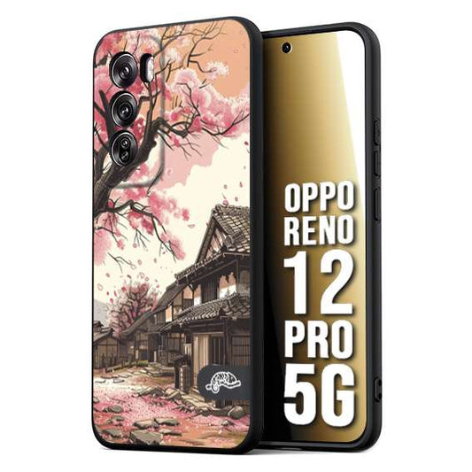 CUSTOMIZZA - Custodia cover nera morbida in tpu compatibile per Oppo Reno 12 PRO 5G casa giapponese rosa ciliegio in fiore disegnata tattoo