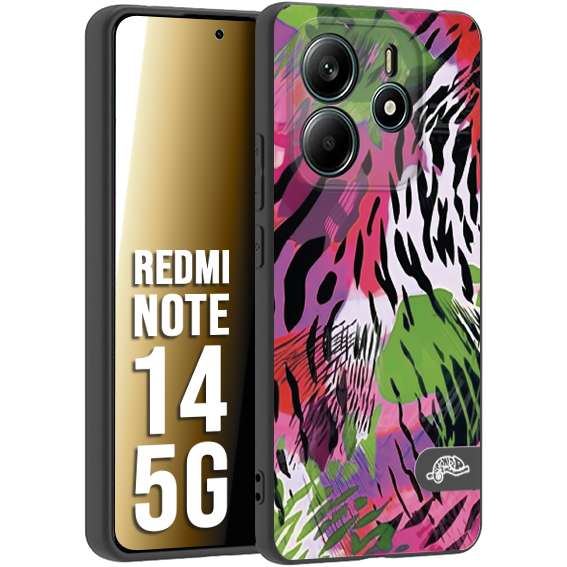 CUSTOMIZZA - Custodia cover nera morbida in tpu compatibile per Xiaomi Redmi Note 14 5G leopardato tigrato tiger colorata summer color verde fucsia