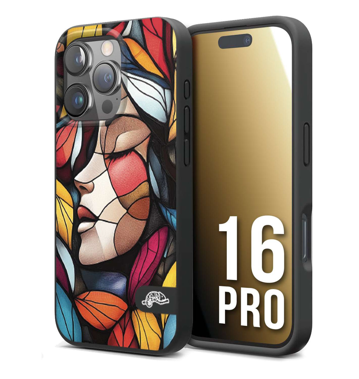 CUSTOMIZZA - Custodia cover nera morbida in tpu compatibile per iPhone 16 PRO Vetrata artistica volto di donna profilo fogliare mosaico di vetro colorato