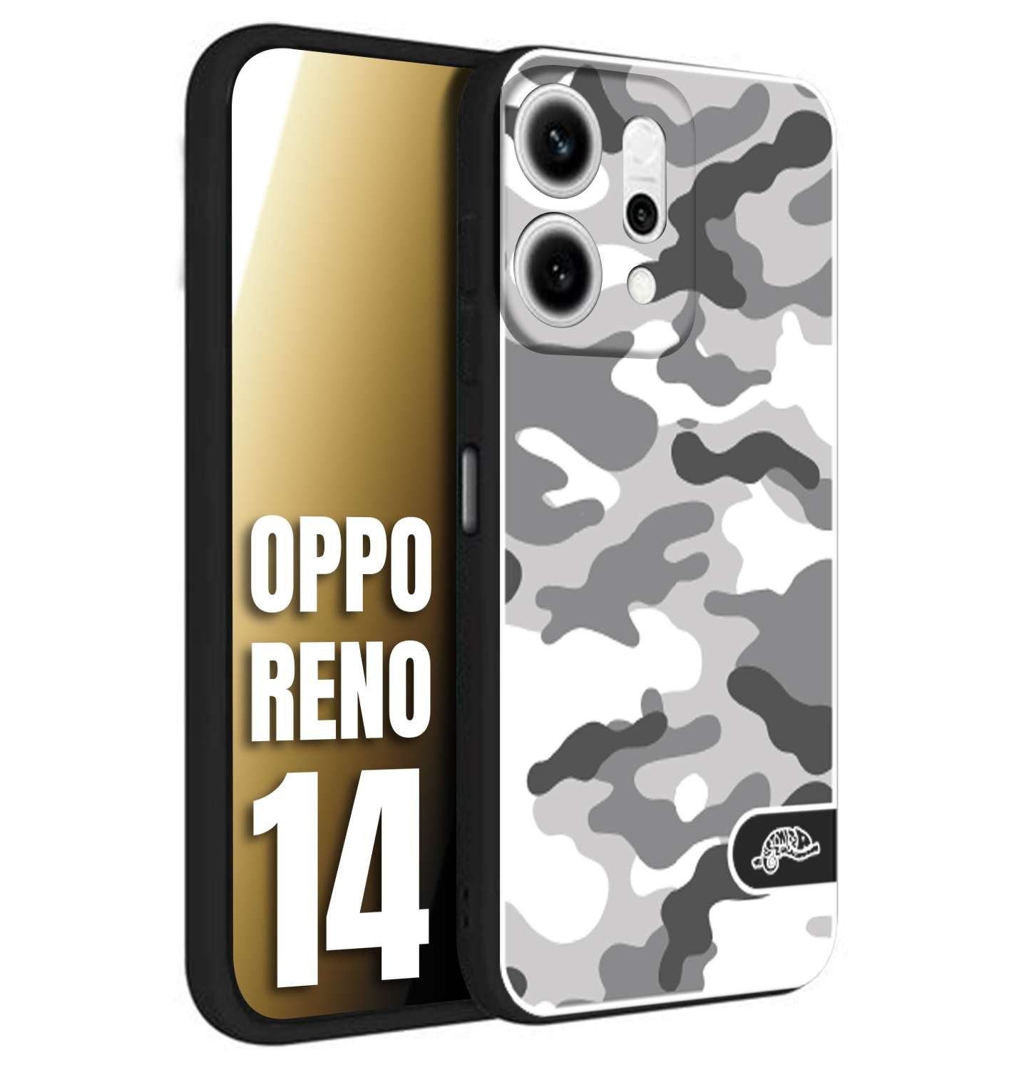 CUSTOMIZZA - Custodia cover nera morbida in tpu compatibile per Oppo Reno 14 camouflage mimetico militare bianco white