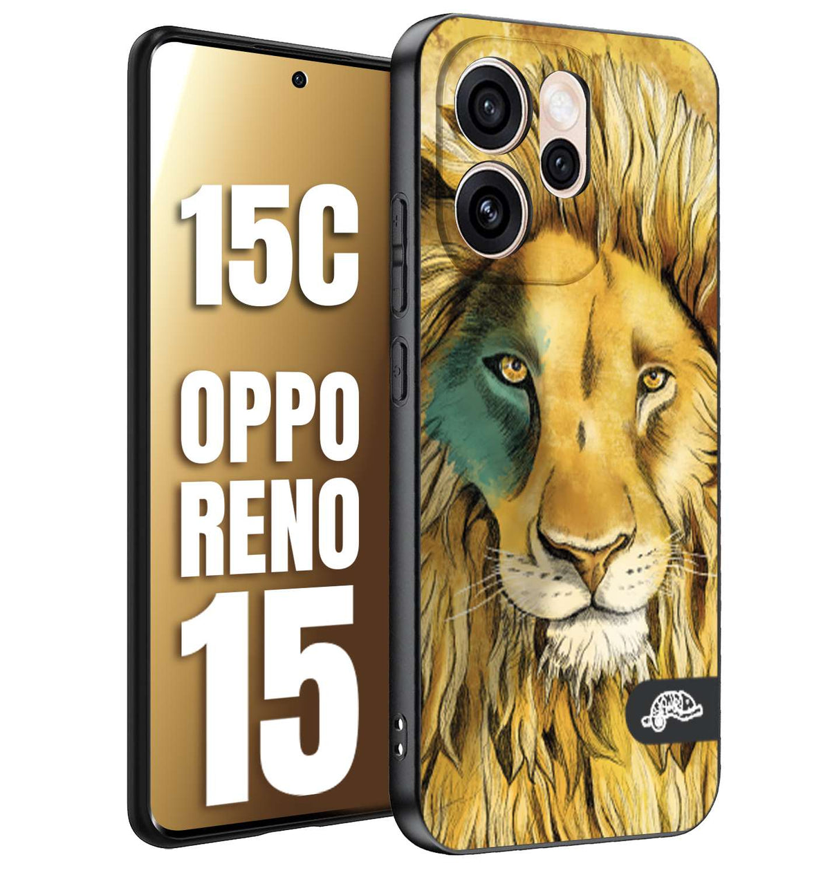 CUSTOMIZZA - Custodia cover nera morbida in tpu compatibile per Oppo Reno 15 - Reno 15Cleone lion disegnato a mano giallo blu a rilievo artistico brown