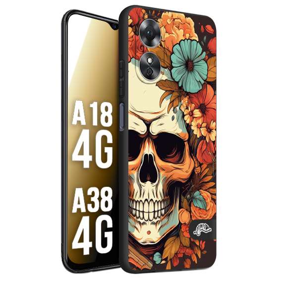 CUSTOMIZZA - Custodia cover nera morbida in tpu compatibile per Oppo A18 4G - A38 4G teschio skull flowers fiori autunnali arancio celeste tattoo
