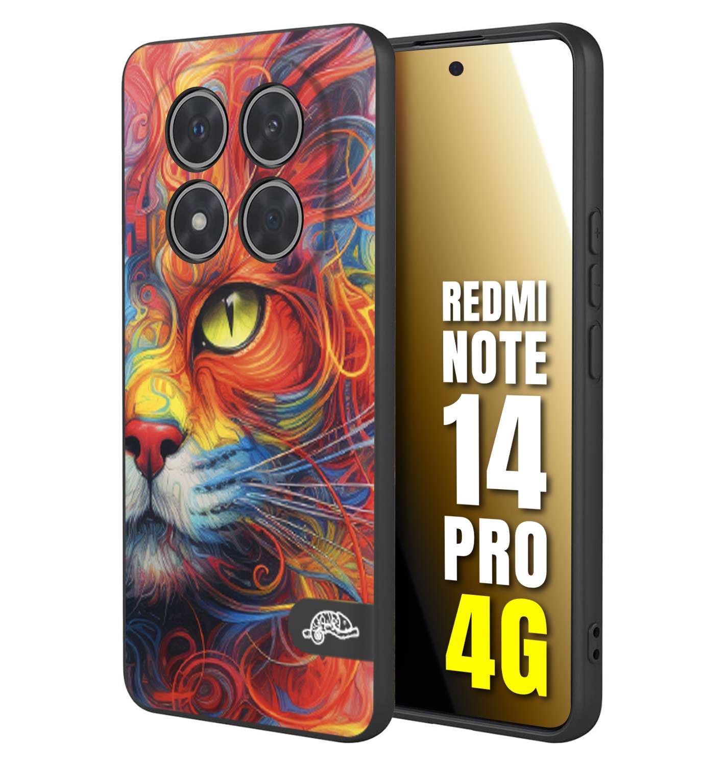 CUSTOMIZZA - Custodia cover nera morbida in tpu compatibile per Xiaomi Redmi Note 14 PRO 4G animali color cat gatto viso colori vibranti disegnato schizzo