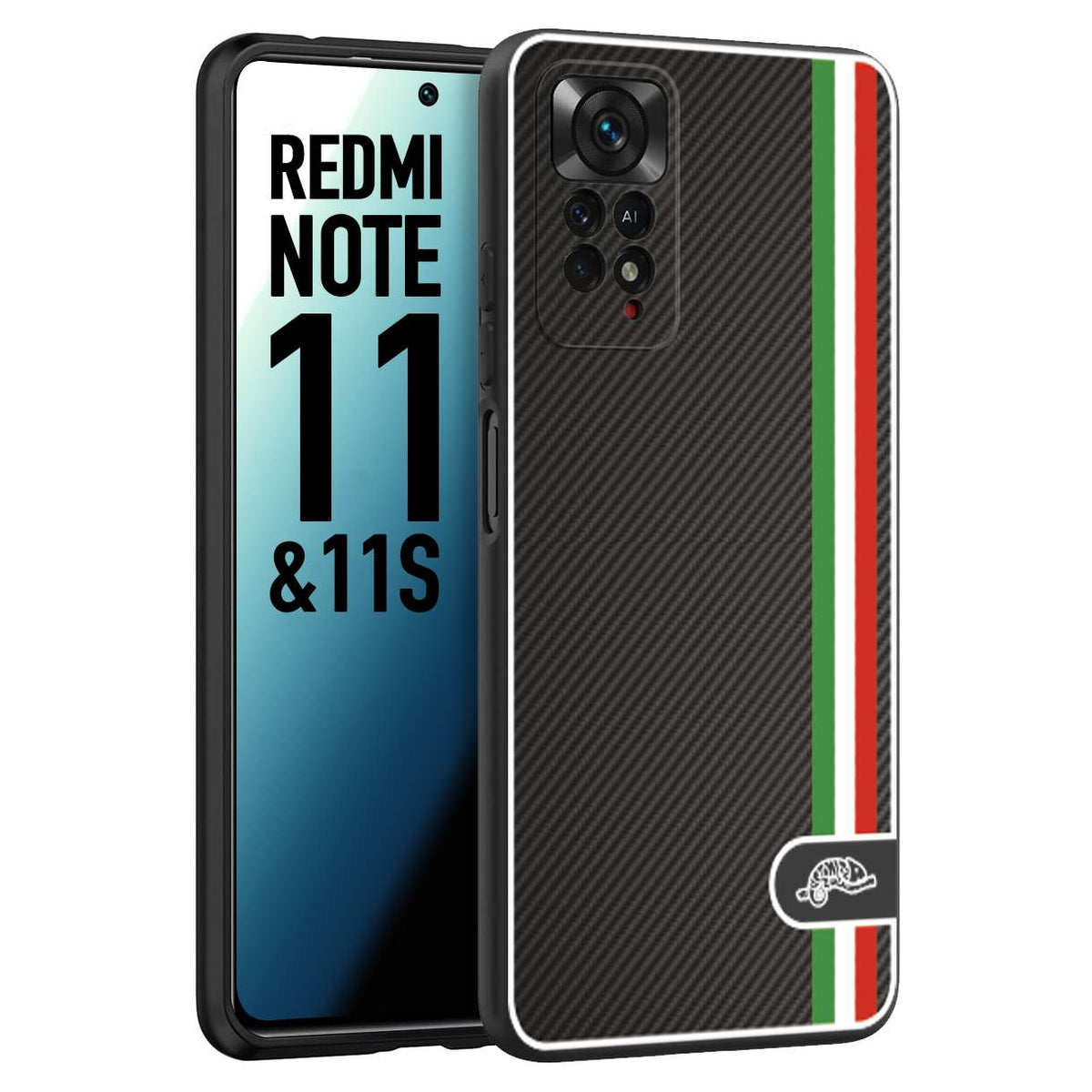 CUSTOMIZZA - Custodia cover nera morbida in tpu compatibile per Xiaomi Redmi Note 11 - Note 11S effetto fibra di carbonio bandiera Italia made in Italy