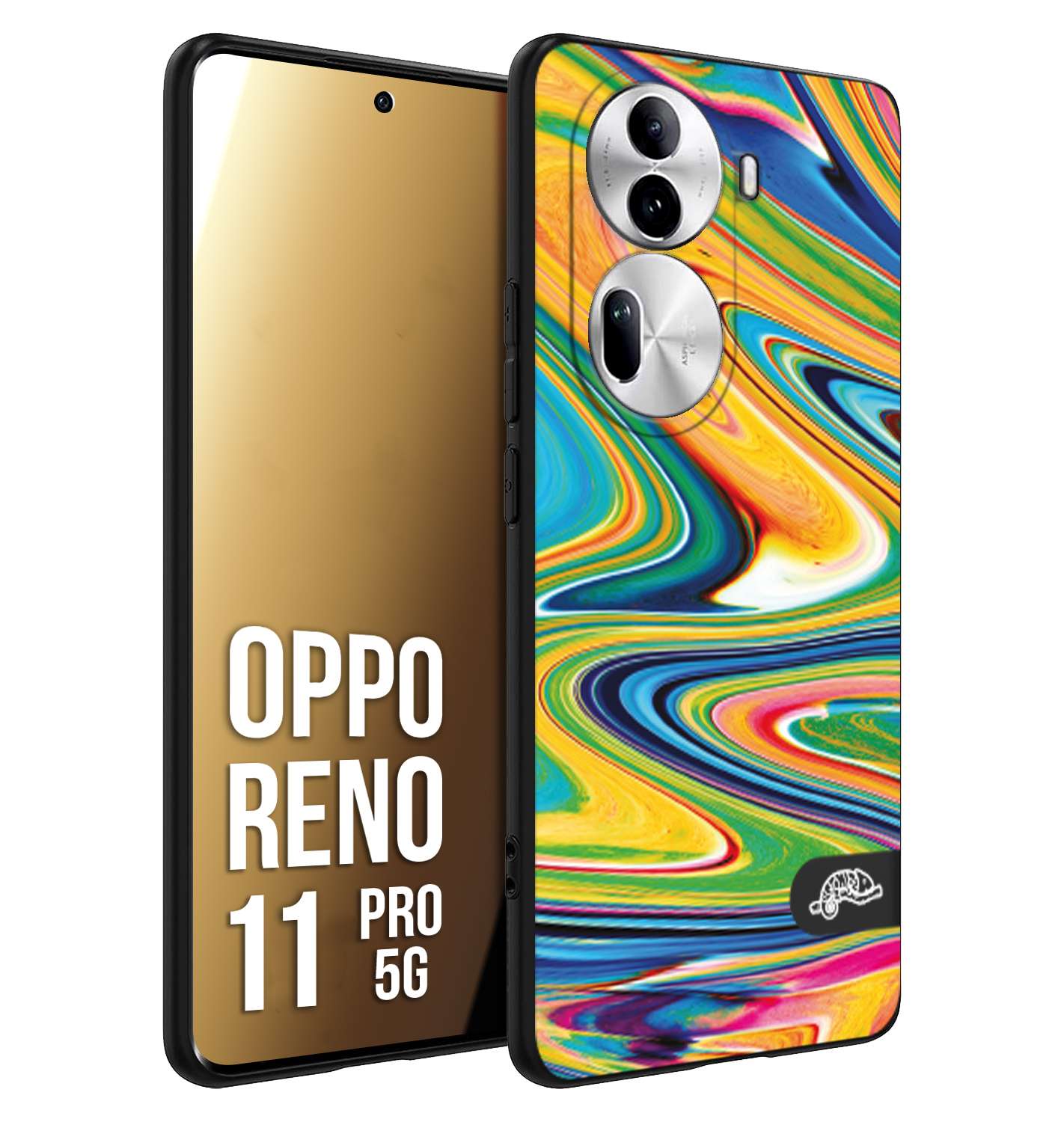 CUSTOMIZZA - Custodia cover nera morbida in tpu compatibile per Oppo Reno 11 PRO 5G colorata fantasia vortice marmo arcobaleno gialla verde blu