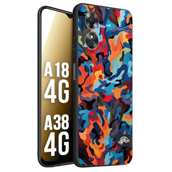 CUSTOMIZZA - Custodia cover nera morbida in tpu compatibile per Oppo A18 4G - A38 4G camouflage mimetico militare moderno blu arancio rosso