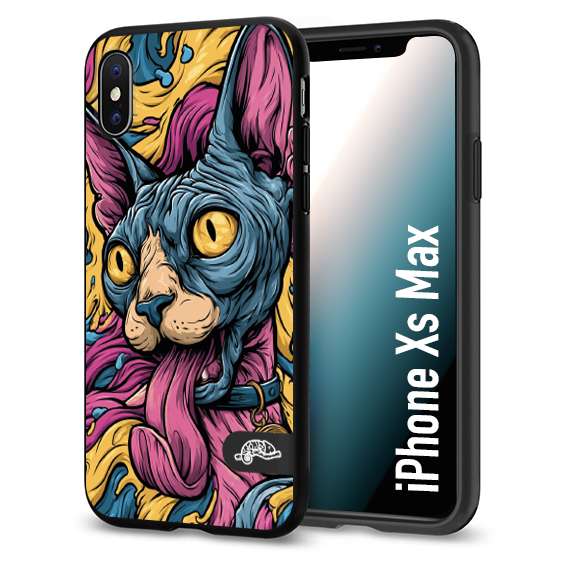 CUSTOMIZZA - Custodia cover nera morbida in tpu compatibile per iPhone XS MAX Sphynx Colorato Pop Art Psichedelico Gatto Blu Rosa Giallo Artistica Fantasy