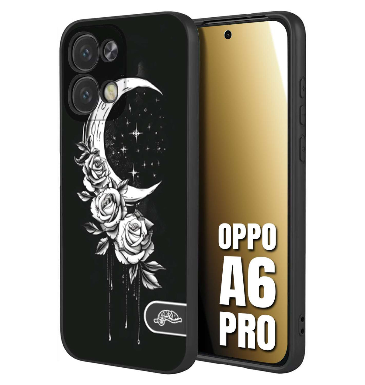 CUSTOMIZZA - Custodia cover nera morbida in tpu compatibile per Oppo A6 PRO luna e fiori moon flowers black and white bianco a rilievo disegnato