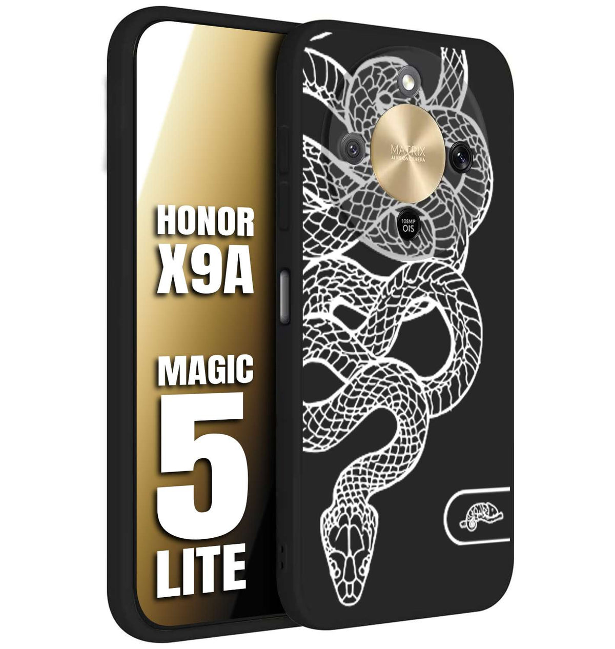 CUSTOMIZZA - Custodia cover nera morbida in tpu compatibile per Honor X9A - Honor Magic 5 Lite serpente snake bianco a rilievo disegnato tattoo tatuaggio