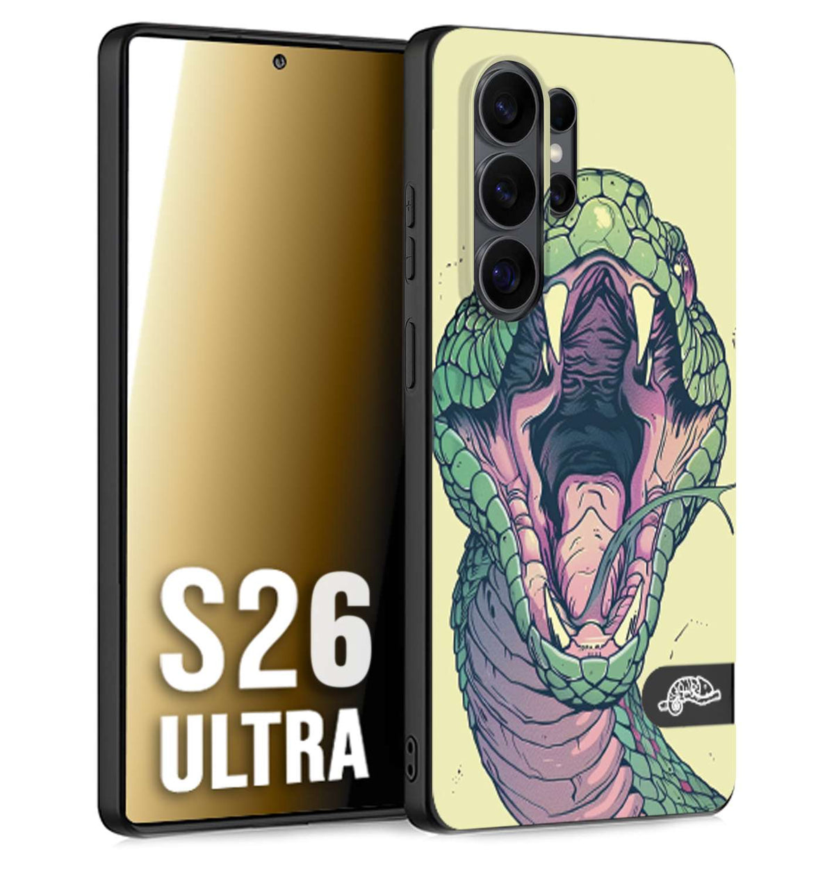CUSTOMIZZA - Custodia cover nera morbida in tpu compatibile per Samsung S26 ULTRA snake yellow green serpente tatuaggio tattoo disegnato a mano