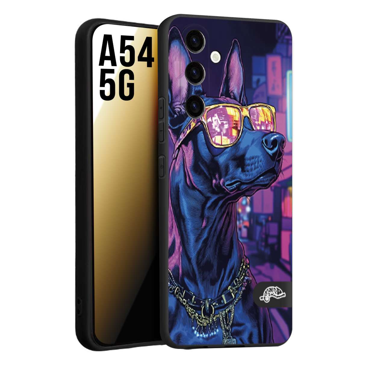 CUSTOMIZZA - Custodia cover nera morbida in tpu compatibile per Samsung A54 5G animali cyberpunk dobermann cane street dog fucsia blu night