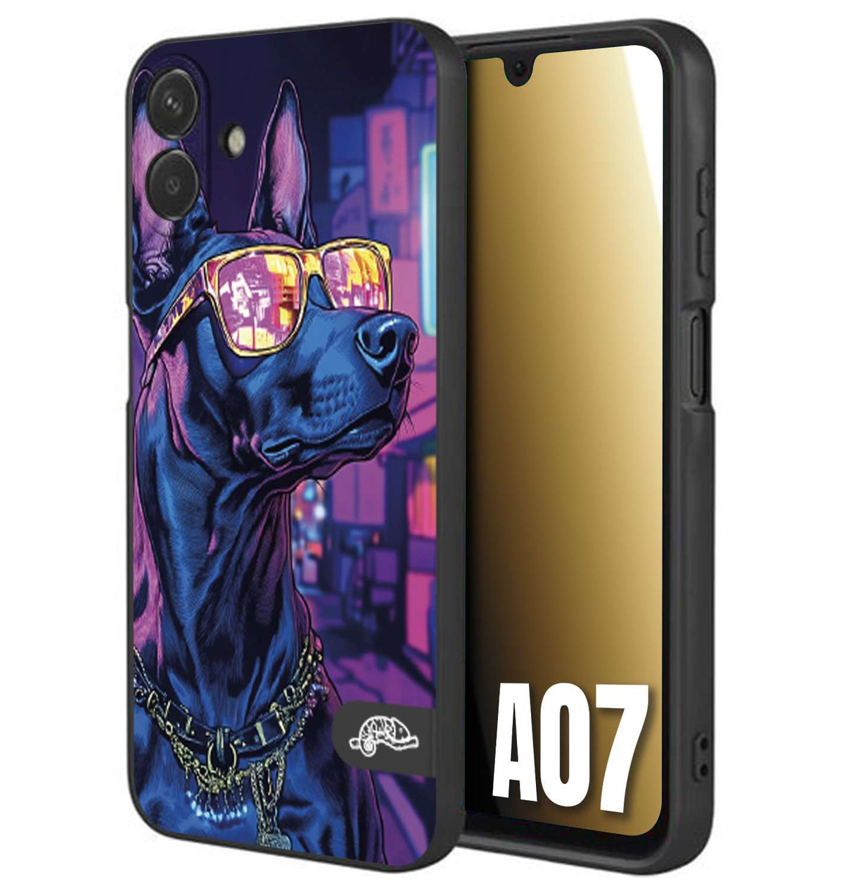 CUSTOMIZZA - Custodia cover nera morbida in tpu compatibile per Samsung A07 animali cyberpunk dobermann cane street dog fucsia blu night