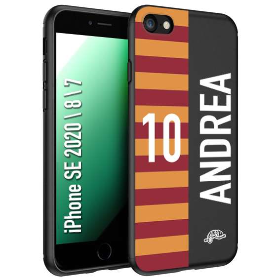 CUSTOMIZZA - Custodia cover nera morbida in tpu compatibile per iPhone 7 - 8 - SE 2020 / 2022 personalizzata calcio football nome e numero calciatori giallo rossi