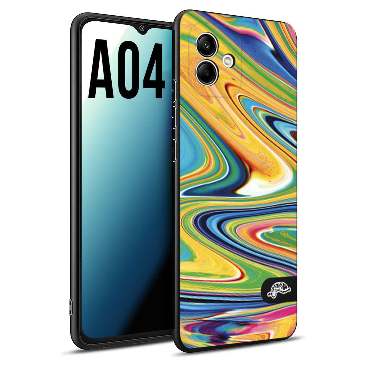 CUSTOMIZZA - Custodia cover nera morbida in tpu compatibile per Samsung A04 colorata fantasia vortice marmo arcobaleno gialla verde blu