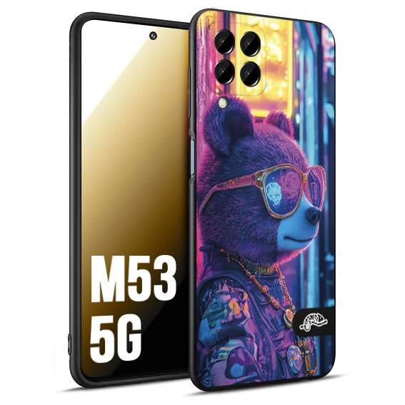 CUSTOMIZZA - Custodia cover nera morbida in tpu compatibile per Samsung M53 5G animali cyberpunk orsetto orso street bear fucsia blu night