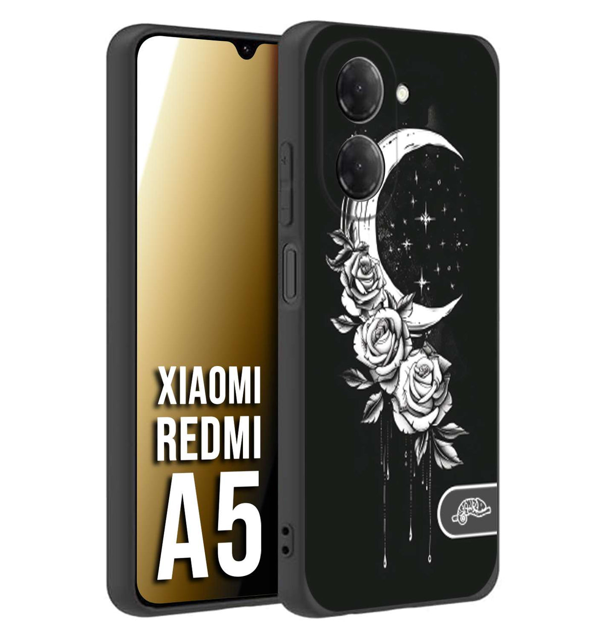 CUSTOMIZZA - Custodia cover nera morbida in tpu compatibile per Xiaomi Redmi A5 luna e fiori moon flowers black and white bianco a rilievo disegnato