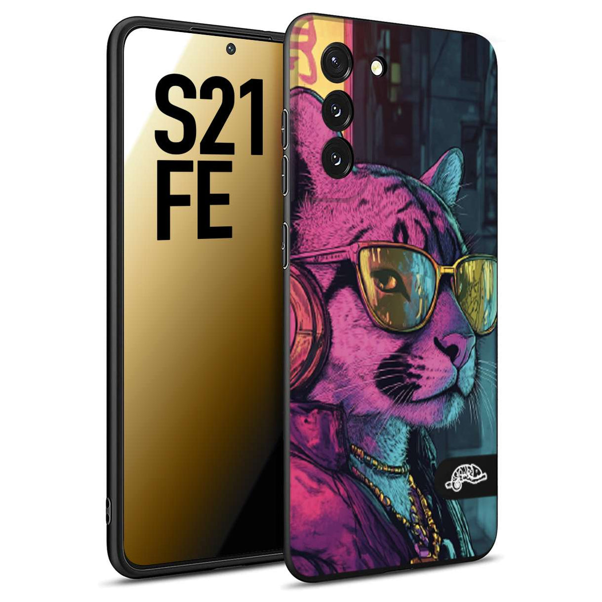 CUSTOMIZZA - Custodia cover nera morbida in tpu compatibile per Samsung S21 FE animali cyberpunk pantera street cat fucsia blu giallo