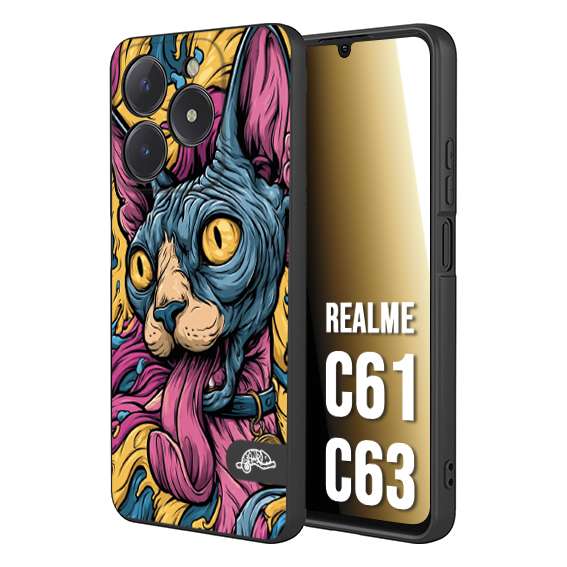 CUSTOMIZZA - Custodia cover nera morbida in tpu compatibile per Realme C61 - C63 Sphynx Colorato Pop Art Psichedelico Gatto Blu Rosa Giallo Artistica Fantasy