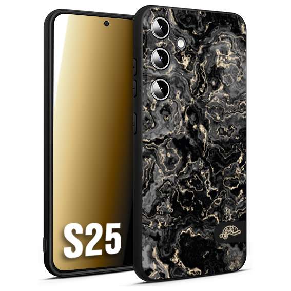 CUSTOMIZZA - Custodia cover nera morbida in tpu compatibile per Samsung S25 effetto marmo marble nero black venature dorato pietra