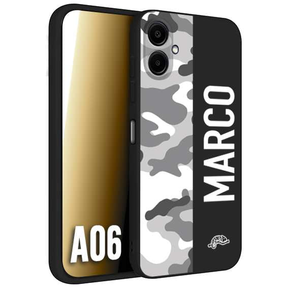 CUSTOMIZZA - Custodia cover nera morbida in tpu compatibile per Samsung A06 camouflage mimetico militare personalizzata nome bianco