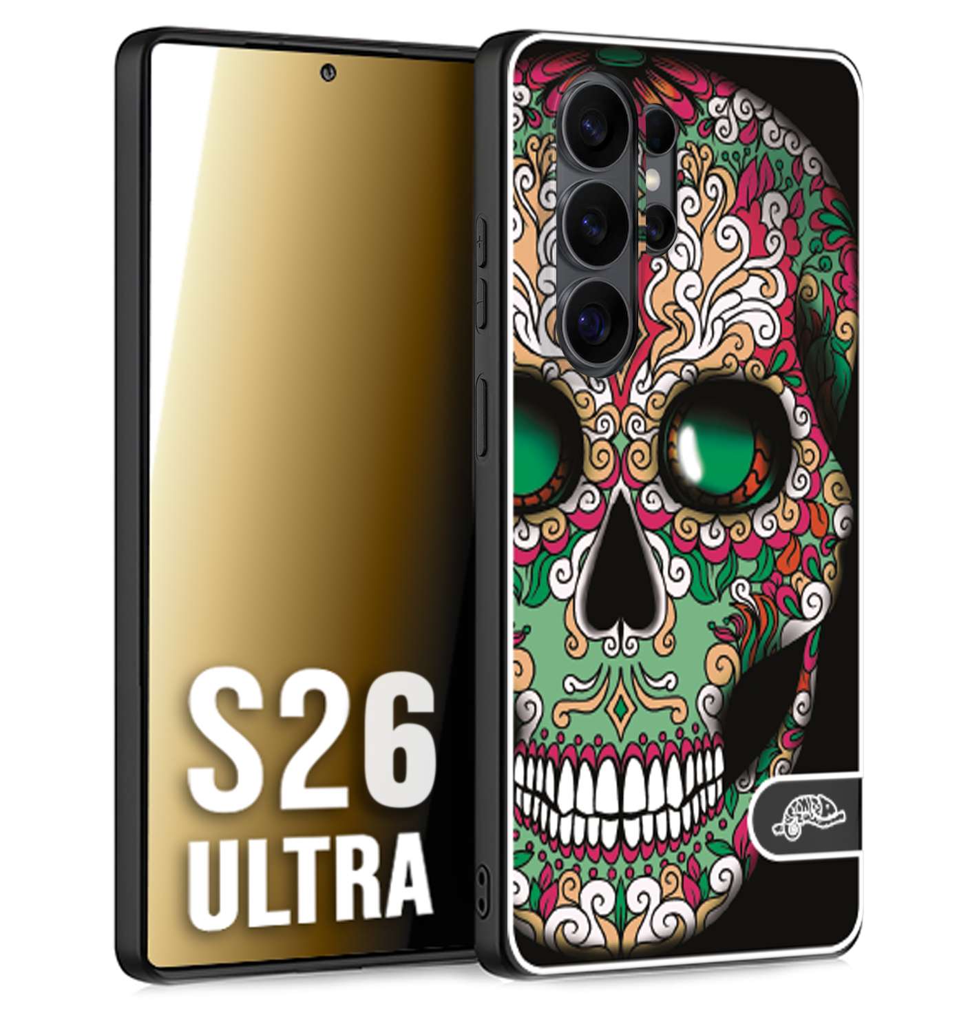 CUSTOMIZZA - Custodia cover nera morbida in tpu compatibile per Samsung S26 ULTRA teschio messicano Mexican skull verde fucsia