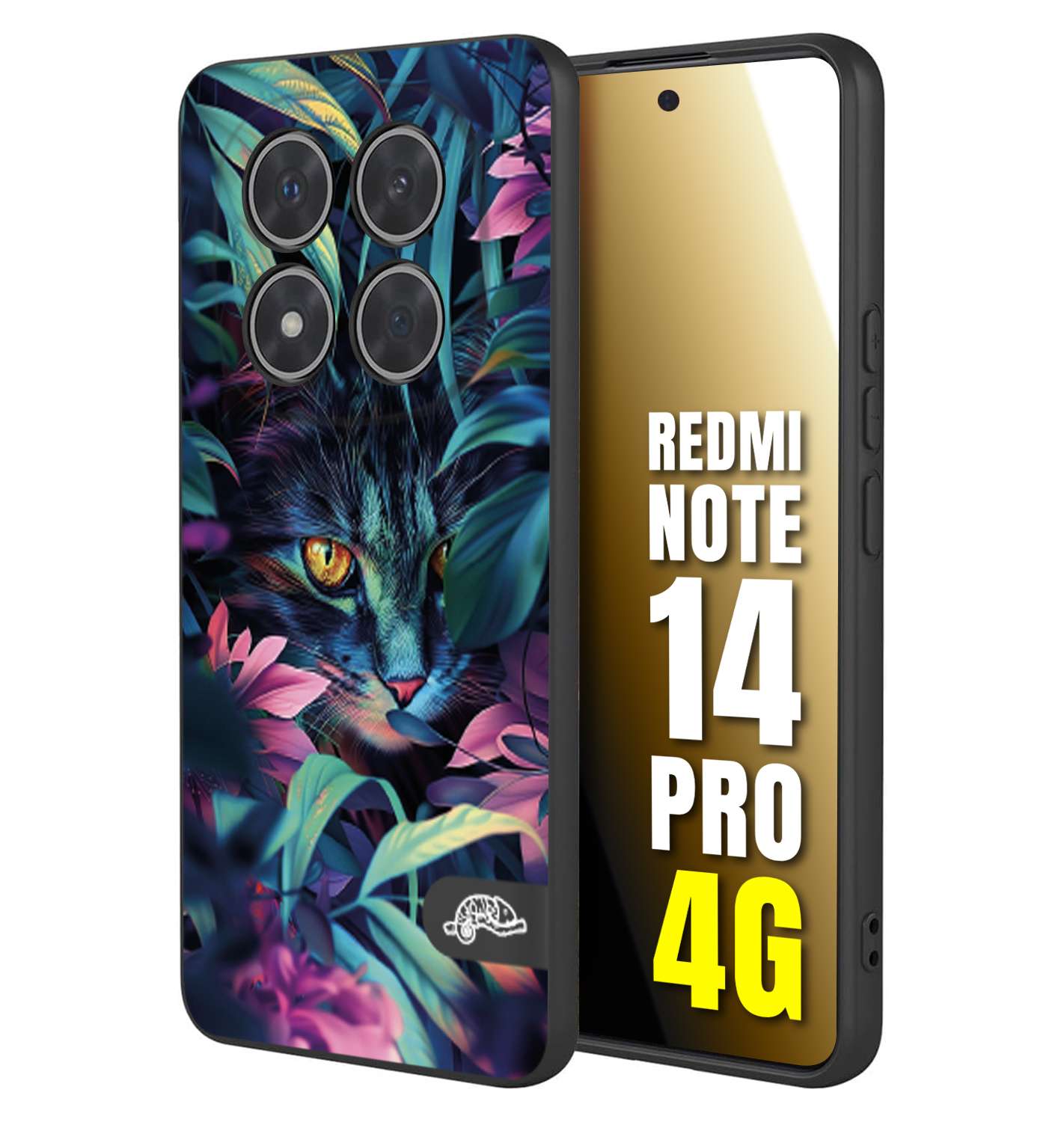 CUSTOMIZZA - Custodia cover nera morbida in tpu compatibile per Xiaomi Redmi Note 14 PRO 4G animali color giungla tropicale occhio di gatto colori vibranti disegnato