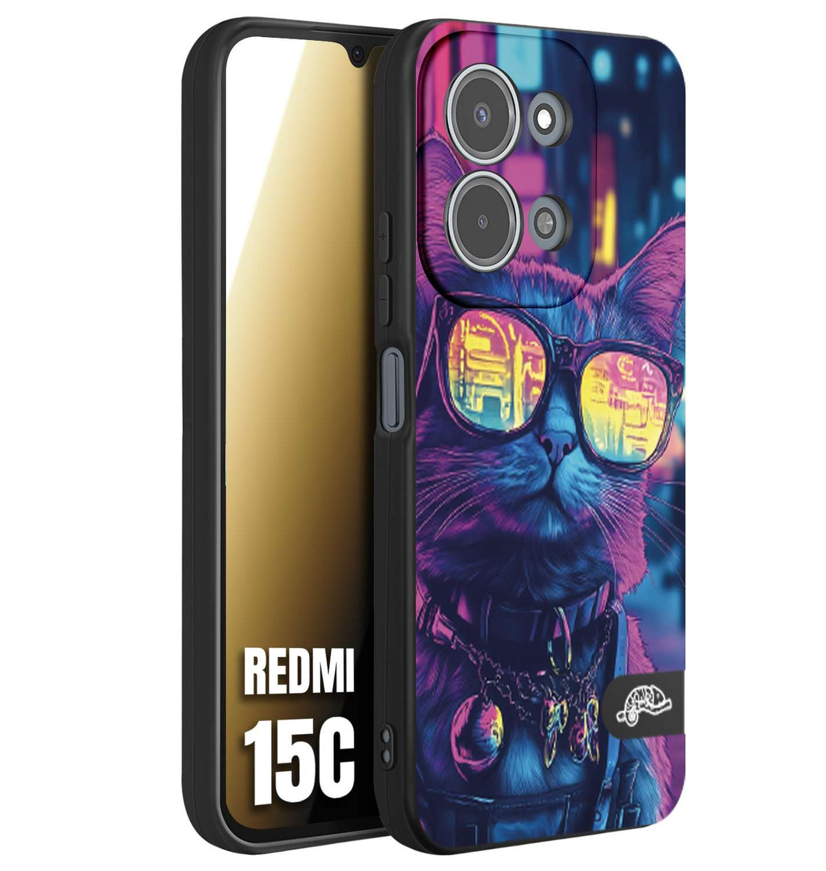 CUSTOMIZZA - Custodia cover nera morbida in tpu compatibile per Xiaomi Redmi 15C animali cyberpunk gatto street cat fucsia blu giallo