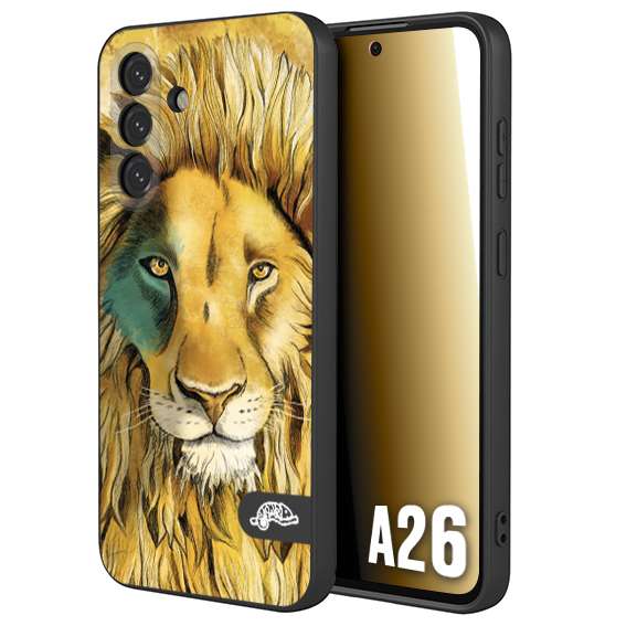 CUSTOMIZZA - Custodia cover nera morbida in tpu compatibile per Samsung A26 leone lion disegnato a mano giallo blu a rilievo artistico brown