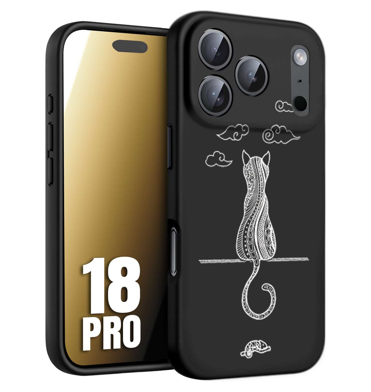 CUSTOMIZZA - Custodia cover nera morbida in tpu compatibile per iPhone 18 PRO gatto mandala stilizzato gattino a rilievo soft touch donna bianca