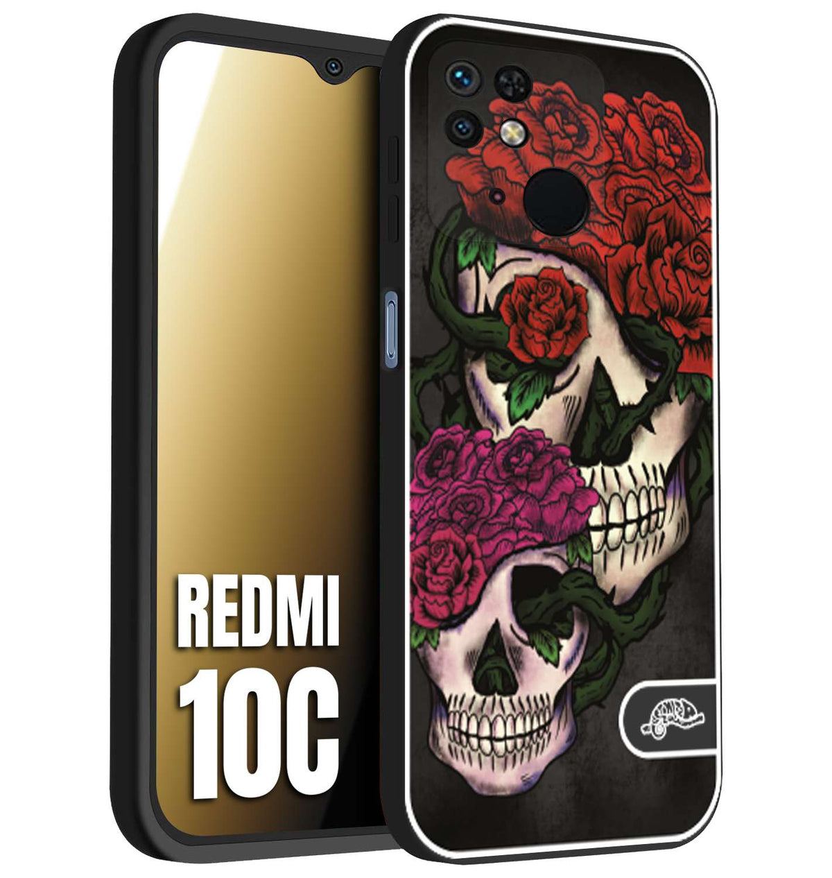CUSTOMIZZA - Custodia cover nera morbida in tpu compatibile per Xiaomi Redmi 10C teschi e rose rosse fucsia skull and roses