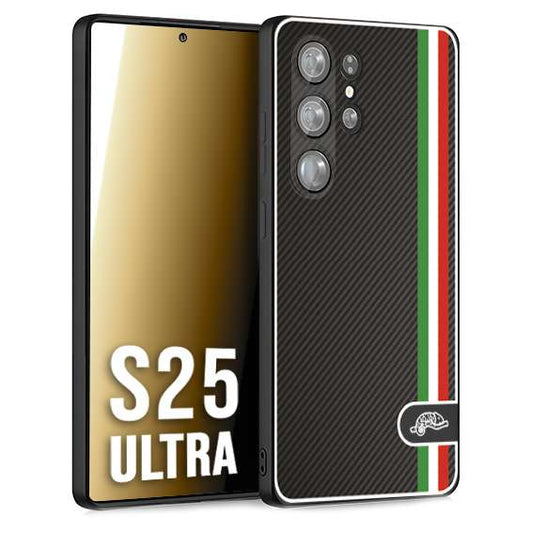 CUSTOMIZZA - Custodia cover nera morbida in tpu compatibile per Samsung S25 ULTRA effetto fibra di carbonio bandiera Italia made in Italy