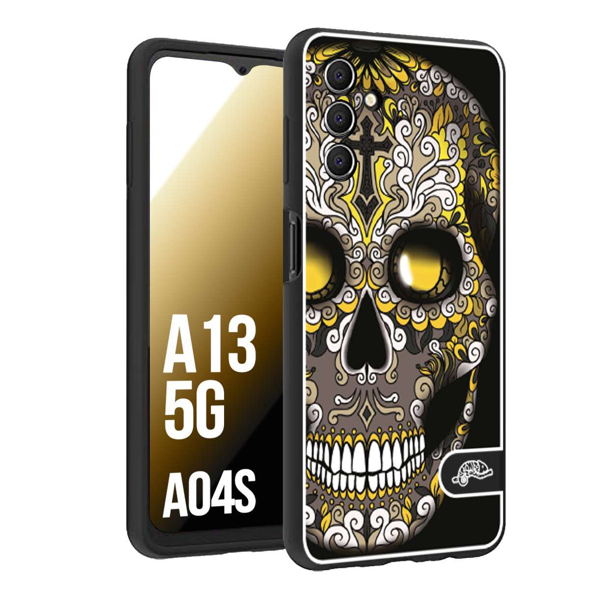 CUSTOMIZZA - Custodia cover nera morbida in tpu compatibile per Samsung A04S - A13 5G teschio messicano Mexican skull nero giallo
