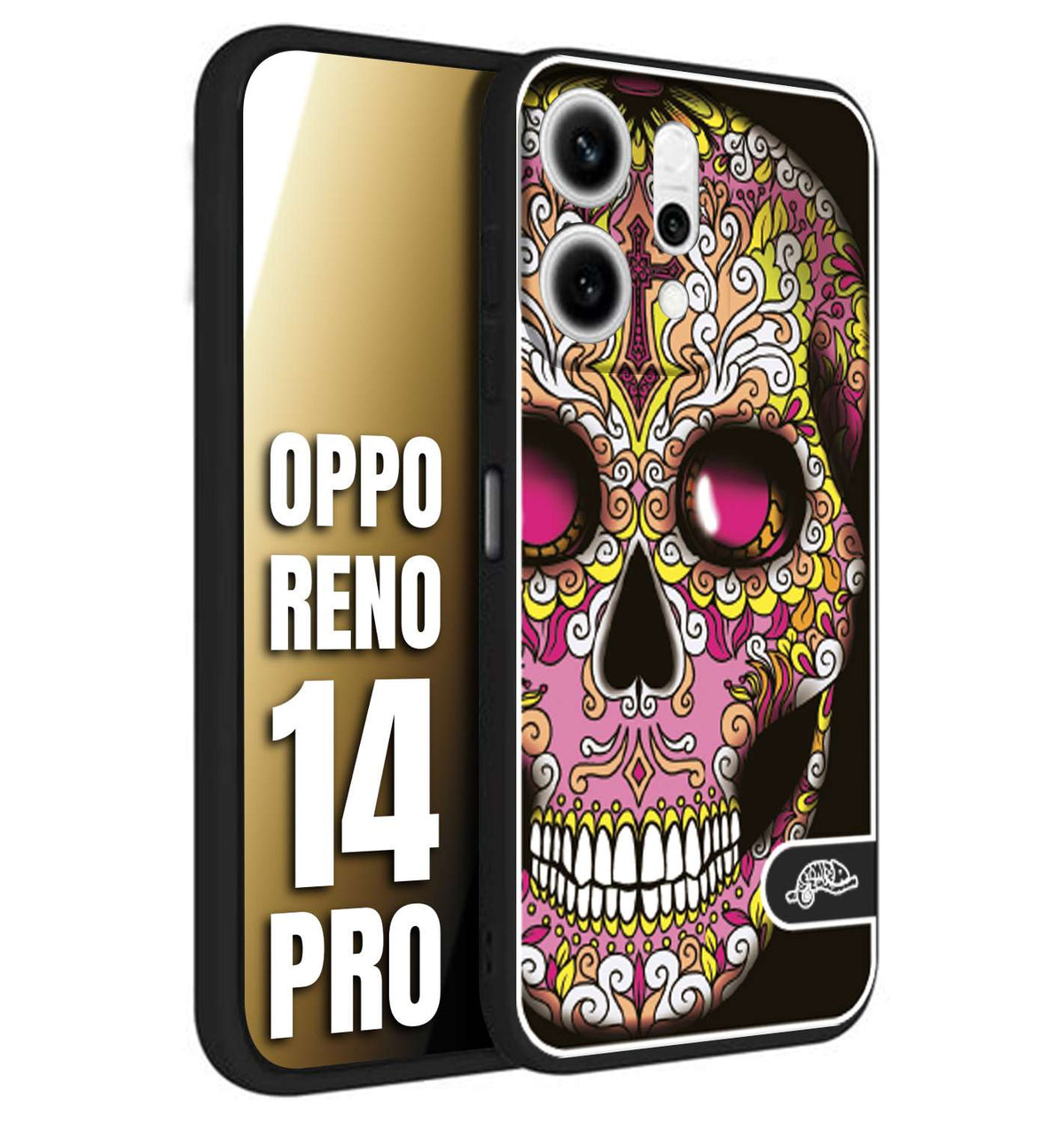 CUSTOMIZZA - Custodia cover nera morbida in tpu compatibile per Oppo Reno 14 PRO teschio messicano Mexican skull rosa gialla
