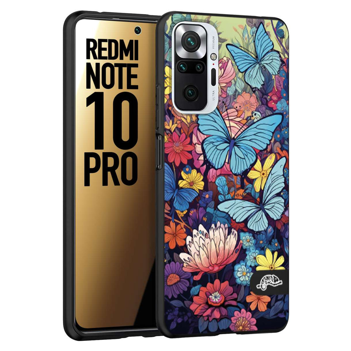 CUSTOMIZZA - Custodia cover nera morbida in tpu compatibile per Xiaomi Redmi Note 10 PRO farfalle butterfly moderno donna disegnate gialla blu rosa