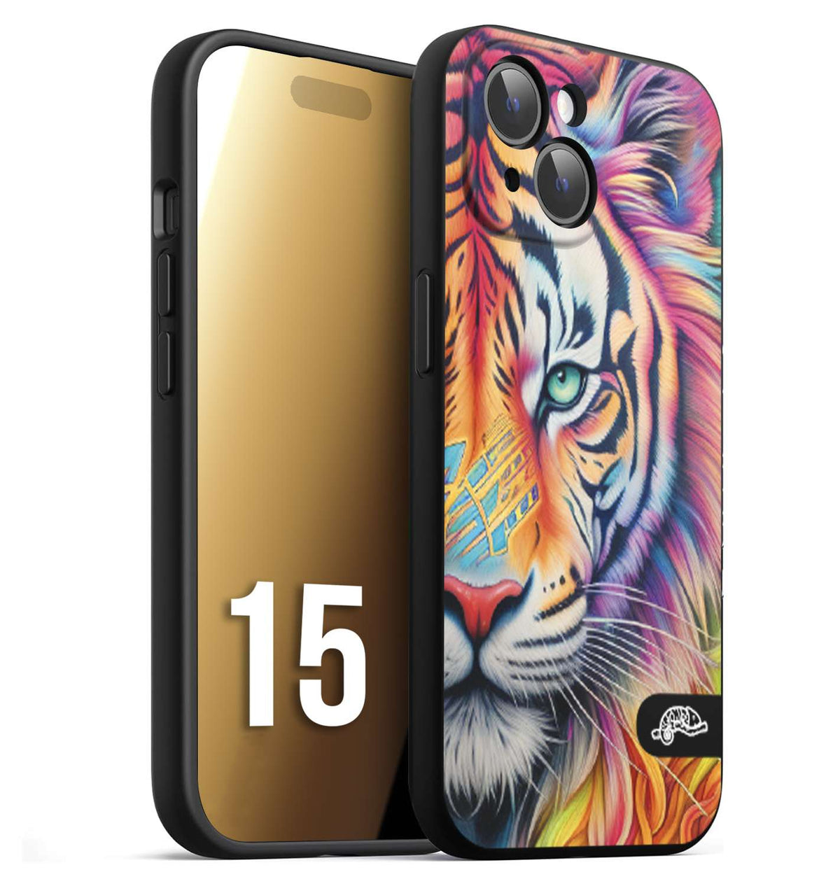 CUSTOMIZZA - Custodia cover nera morbida in tpu compatibile per iPhone 15 animali color tigre tiger viso colori vibranti disegnato schizzo