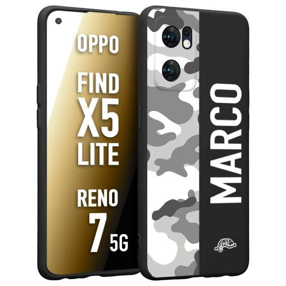 CUSTOMIZZA - Custodia cover nera morbida in tpu compatibile per Oppo Reno 7 - Find X5 LITE camouflage mimetico militare personalizzata nome bianco