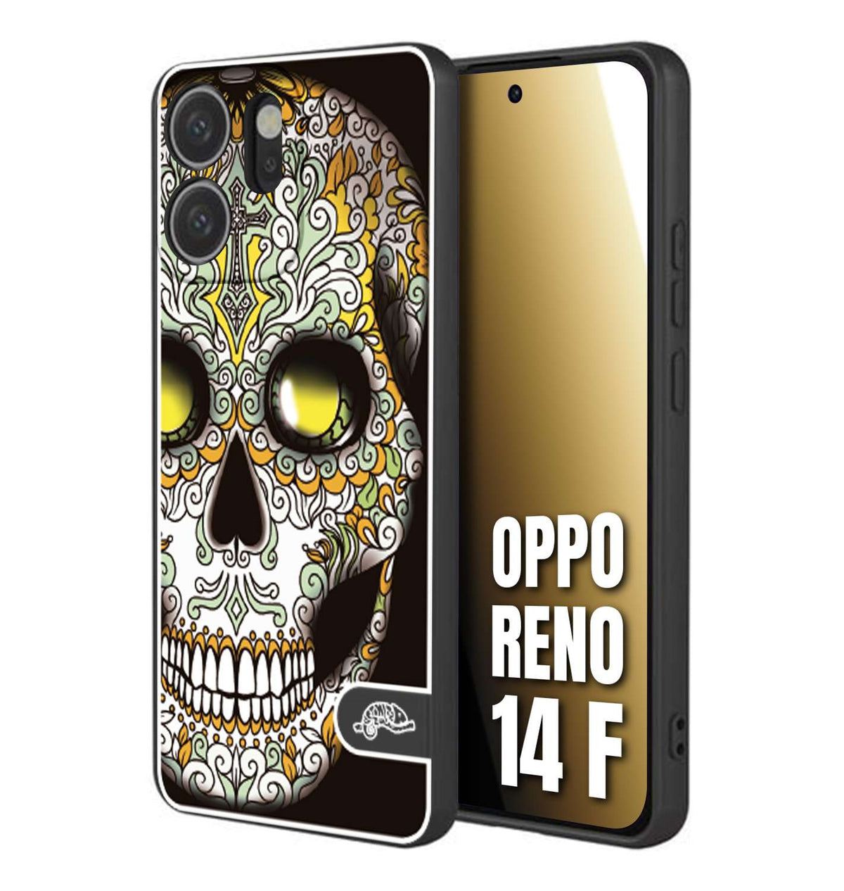 CUSTOMIZZA - Custodia cover nera morbida in tpu compatibile per Oppo Reno 14 F teschio messicano Mexican skull bianco verde giallo