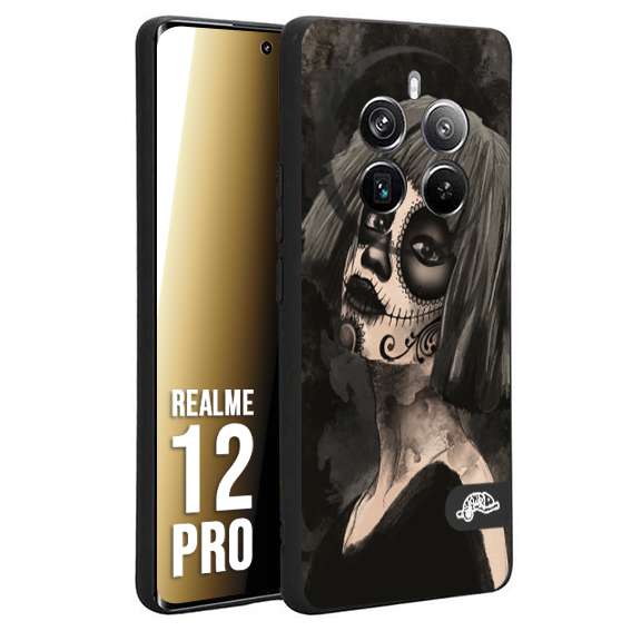 CUSTOMIZZA - Custodia cover nera morbida in tpu compatibile per Realme 12 PRO chicana messicana dea de la muerte donna santa tattoo disegnata