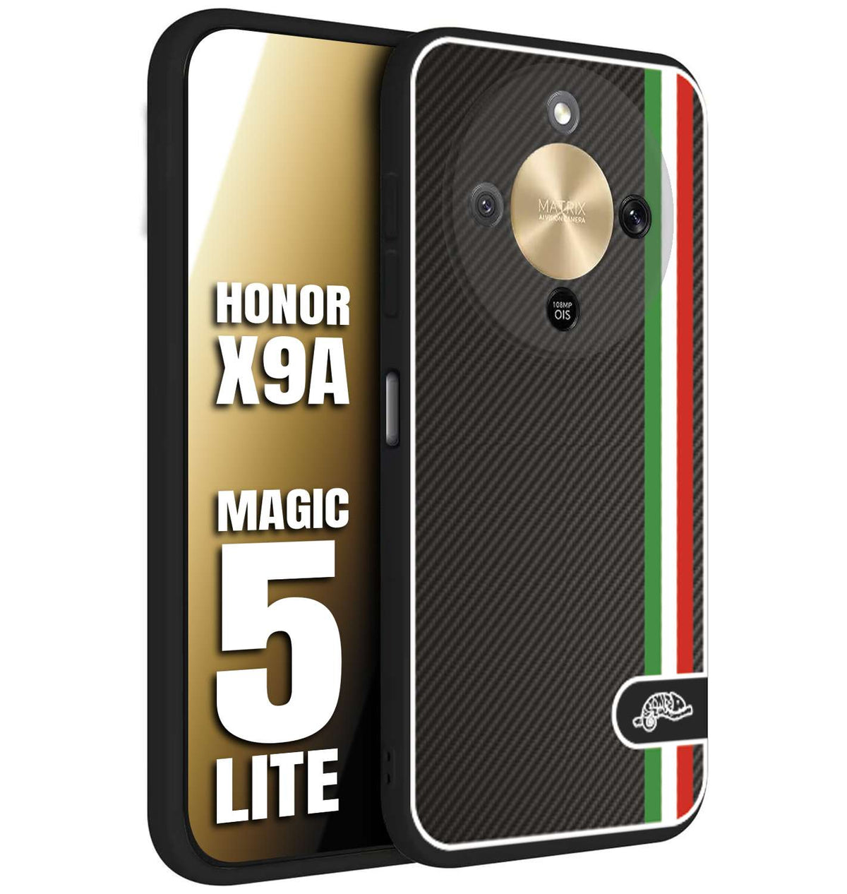 CUSTOMIZZA - Custodia cover nera morbida in tpu compatibile per Honor X9A - Honor Magic 5 Lite effetto fibra di carbonio bandiera Italia made in Italy