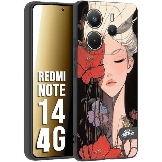 CUSTOMIZZA - Custodia cover nera morbida in tpu compatibile per Xiaomi Redmi Note 14 4G woman flower Fantasia Floreale Design Donna e Fiori, Retro Artistico